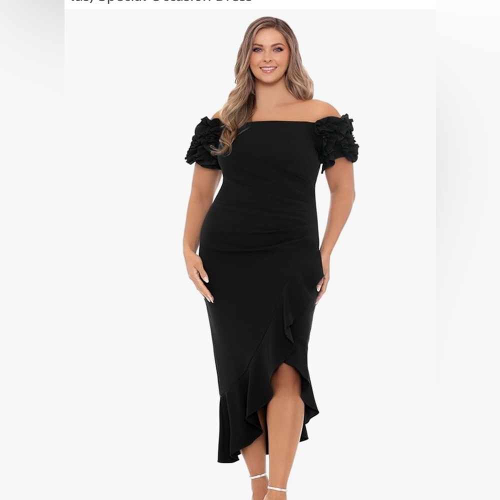 Xscape Black One-Shoulder Ruffle Sleeve High-Low Dress